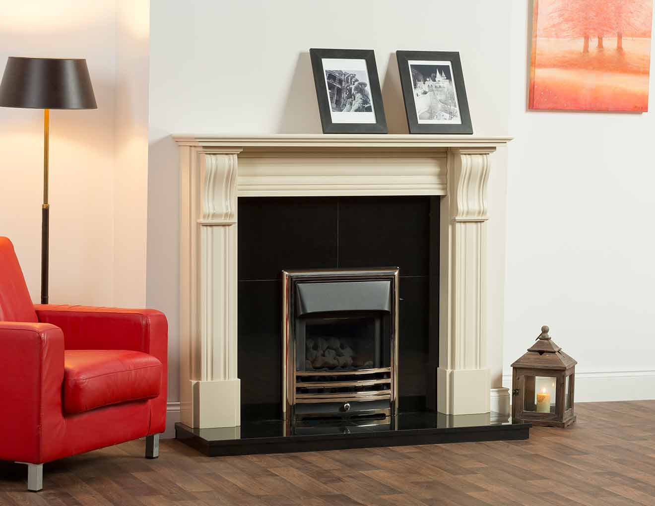 Dublin Corbel Ivory Pearl Fireplace Bundle, including Black Granite Hearth and Back Panel