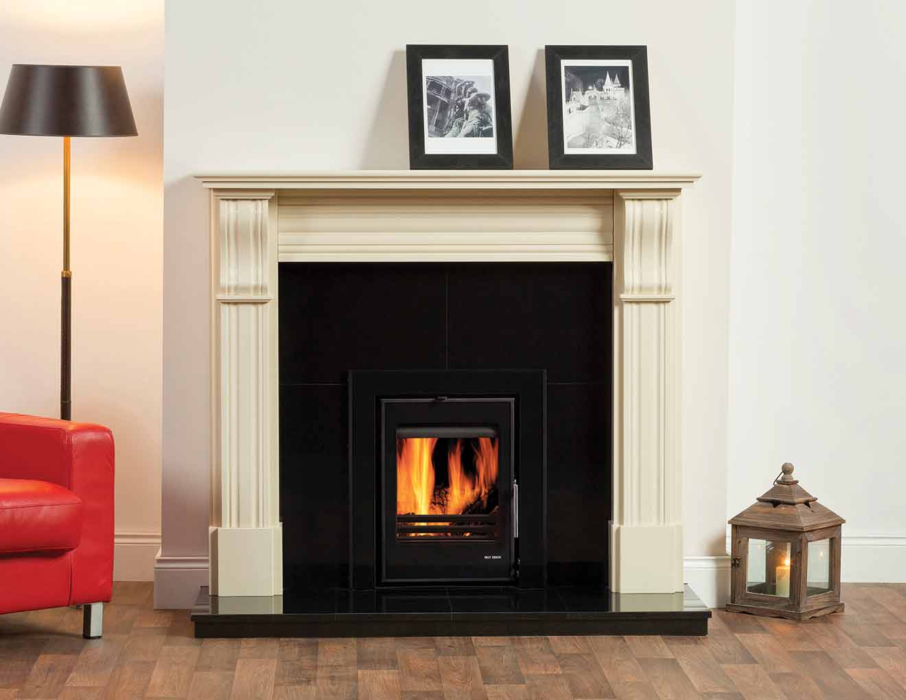 Dublin Corbel Ivory Pearl Fireplace Bundle, including Black Granite Hearth and Back Panel