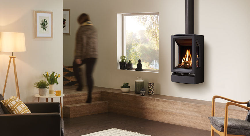 Vogue Midi T, 3 Sided, Wall Mount Balanced Flue, Black Glass Lining Choice of Options from Natural Gas or LPG. Remote option