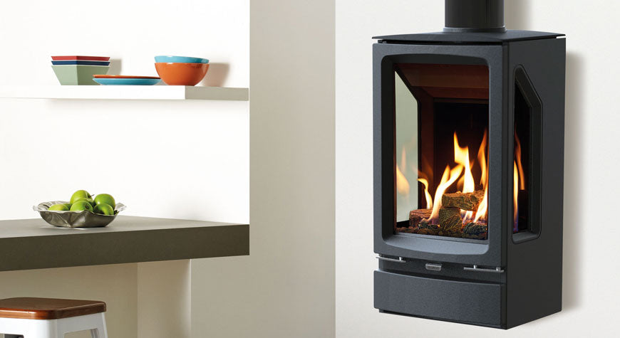 Vogue Midi T, 3 Sided, Wall Mount Balanced Flue, Black Glass Lining Choice of Options from Natural Gas or LPG. Remote option