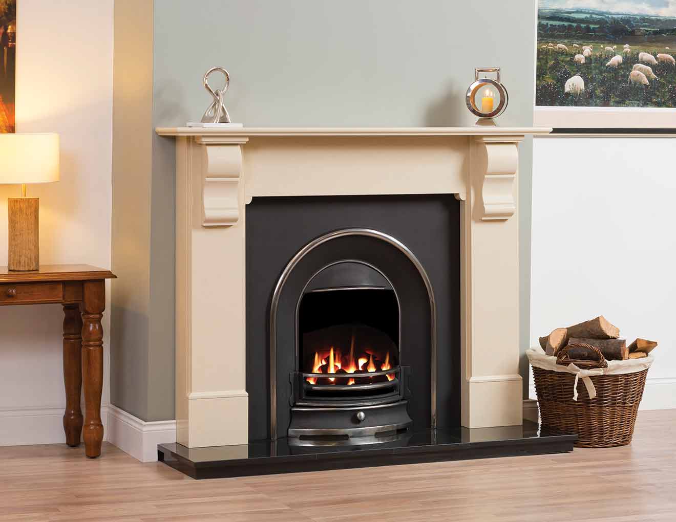 Trinity Corbel 54" Fireplace Bundle with Black Granite Hearth and Back Panel