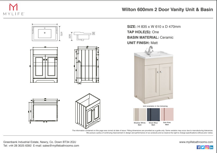 Wilton 600mm or 800mm 2 Door Floor Unit Salt Pink